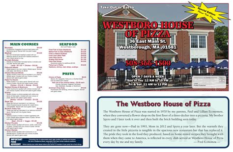 Westborough house of pizza - Mar 13, 2024 · Choice of any soup AND a lunch-sized House or Caesar Salad. Pizza and Choice of Soup or Salad $9.49. Choice of any individual deep dish or thin crust pizza AND choice of any soup or a lunch-sized House or Caesar Salad. Sliders & Fries $9.49. Double the fun with two mouth-watering cheeseburger sliders with lettuce, tomato, red onion and garlic mayo. 